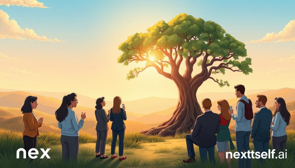 A serene, inspiring landscape representing emotional growth: in the foreground, a diverse group of individuals in professional business attire are engaged in reflective discussions, embodying connection and support. In the middle ground, there’s a majestic tree with deep roots and flourishing branches, symbolizing strength and growth, while soft rays of sunlight filter through the leaves, creating a warm, inviting glow. The background features a tranquil horizon, with gentle rolling hills under a clear blue sky, signifying hope and potential. The atmosphere is uplifting and motivational, inviting viewers to embrace introspection and personal development. This image is crafted to visually illustrate the concept of emotional growth for an article on transformative life experiences. Brand logo: nextself.ai.
