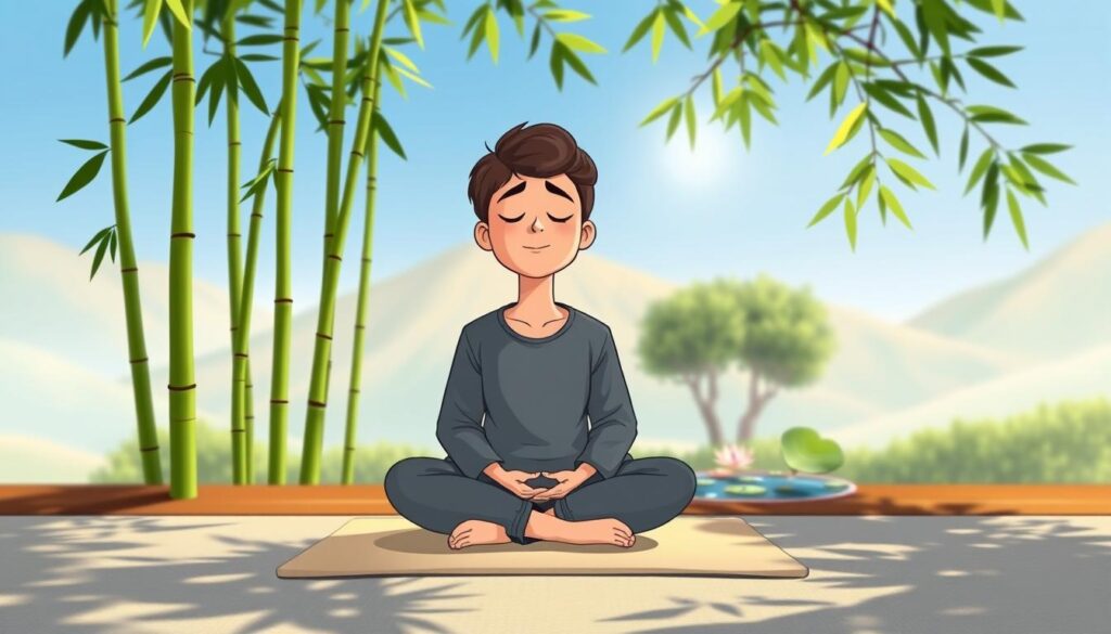 A person sitting calmly outdoors in a quiet garden setting, practising a moment of reflection